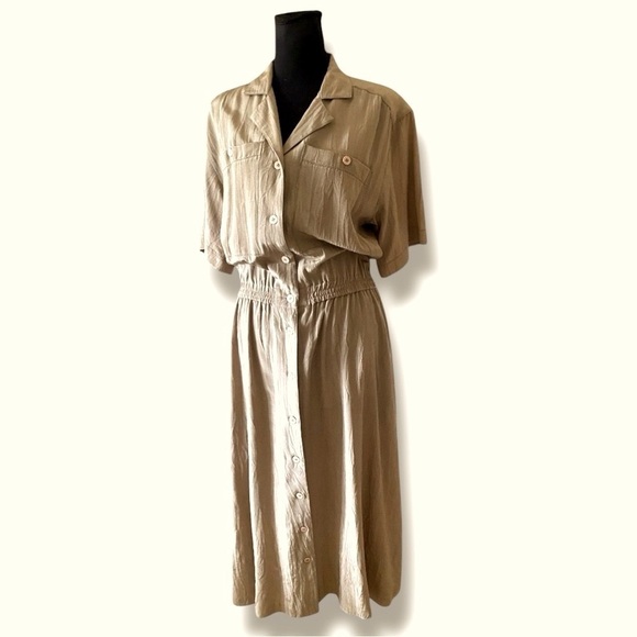 Vintage Regina Porter Shirt Dress Elegant Brown Button-Down Midi Tri-Acetate (M) - Picture 1 of 13